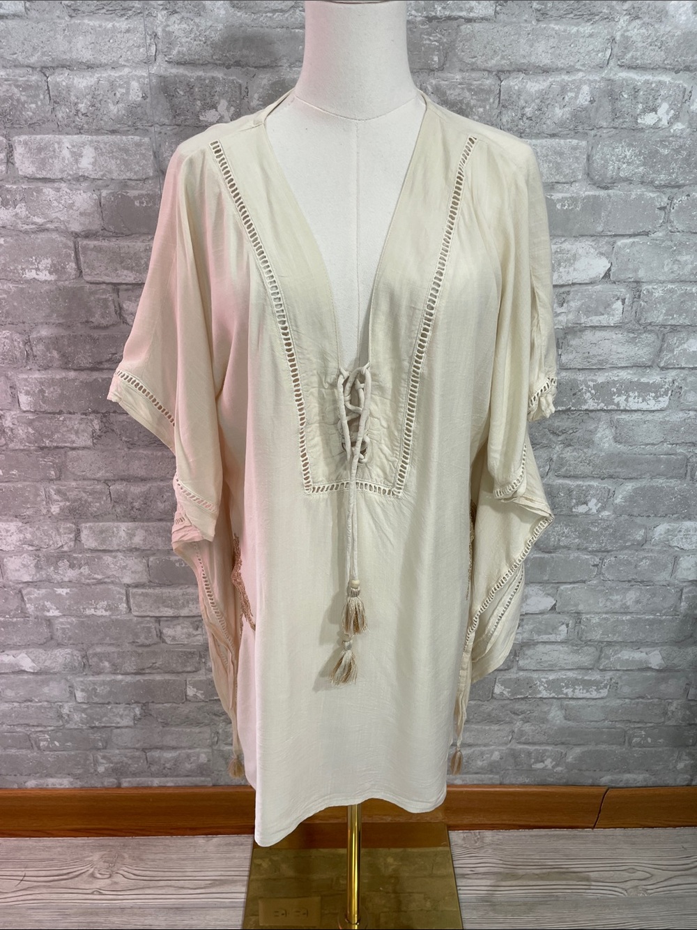 Zleurope Cream Palms V-Neck Swim Coverup with Tassel Tie